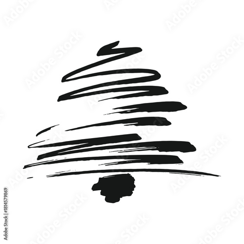 Brush stroke Christmas tree mark. Grunge ink xmas tree vector sketch. Marker hand draw Christmas tree icon. Ink brush calligraphy spruce tree. Christmas tree black silhouette. 