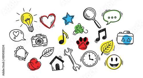 Collection of Hand-Drawn Doodle Icons Representing Various Concepts.