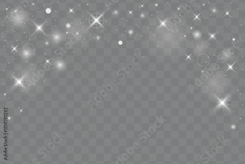 Magical light effect border with glittering particles and stars for Christmas and New Year designs. Magical silver light sparkles, bokeh and glittering dust