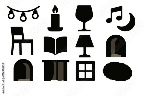 Evening Courtyard Icons. Evening Courtyard Atmosphere silhouette icon set: string lights, candle, wine glass, music notes, chair, book, soft lamp, moon, shadowed archway, curtain
