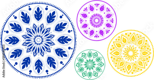 Colorful mandala designs arranged on a black background creating a vibrant pattern