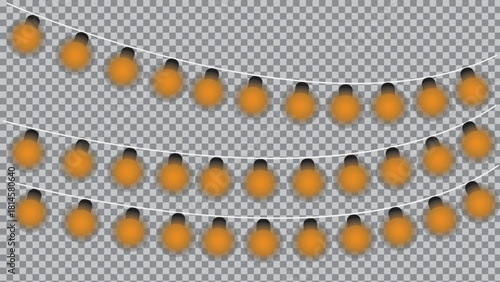 A decorative set of hanging orange light bulb garlands. A festive vector illustration perfect for party, holiday, or celebration design elements isolated on a transparent background