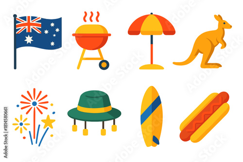 Australia Day Icons. Australia Day flat icon set: Australian flag, barbecue grill, beach umbrella, kangaroo, fireworks, hat with corks, surfboard, sausage sizzle
