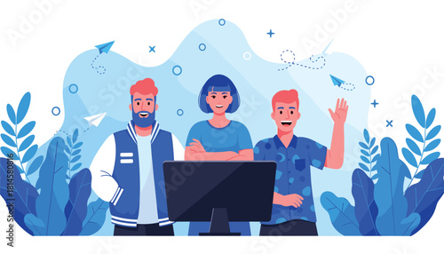 Vector Illustration of Collaborative Teamwork: Three Diverse Colleagues Working Together with a Computer and Plants.