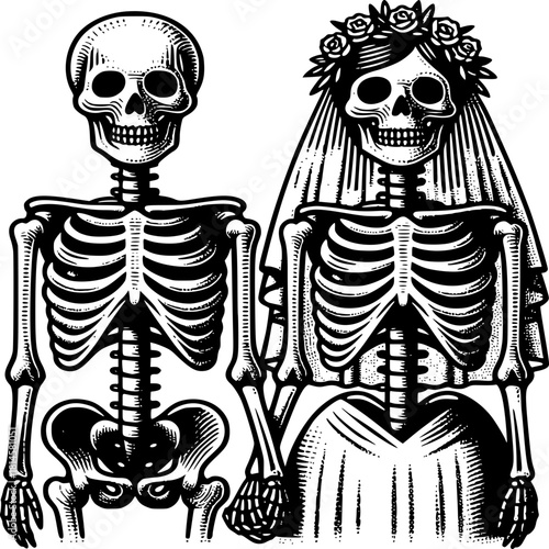 Eternal Bond: A captivating depiction of a skeletal couple, the groom adorned in a classic suit, the bride graced with a veil and floral crown, united in everlasting matrimony.