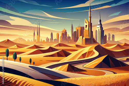 Golden sand dunes meet the modern skyline of Dubai in this wide-angle aerial view showing the desert outskirts of the United Arab Emirates.
