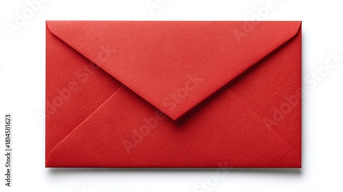 A vibrant red envelope lays flat on a stark white backdrop. Its crisp lines and textured paper hint at a message of importance, anticipation, or romance enclosed within. Simplistic, yet impactful.