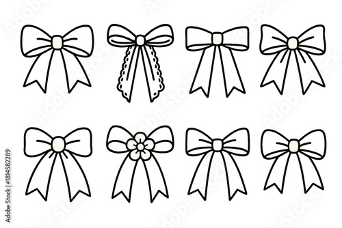 Elegant Bow Icons. Elegant Bow Styles linear icon set: double loop bow, lace ribbon, velvet strip, folded tails, silk knot, floral accent, metallic ribbon, tied bow edge