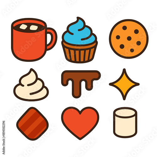 Winter Treats Icons. Winter indulgence flat icon set : cocoa mug, cupcake, chocolate drizzle, cookie, whipped cream, sparkle, heart, marshmallow