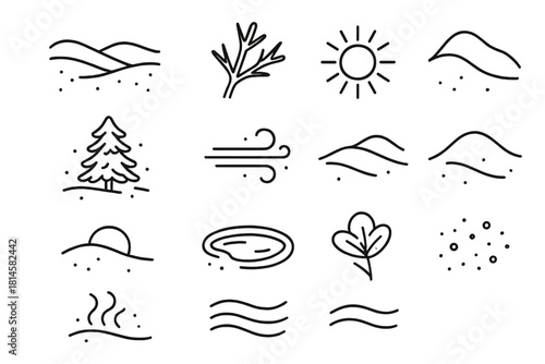 Winter Serenity Icons. Serene Chill linear icon set : soft snowfield, frozen twig, glowing sky, frosty pine, light breeze, snow dust, gentle hill, pale sunlight, icy pond, frozen