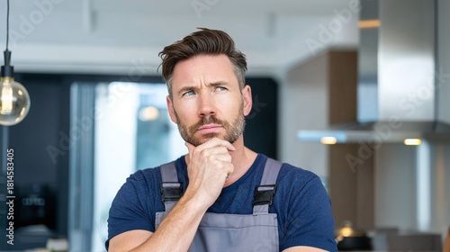 A thoughtful handyman in workwear, pondering a task in a modern kitchen. He's contemplating a plan with a focused expression, hand on chin, set against a blurred background.