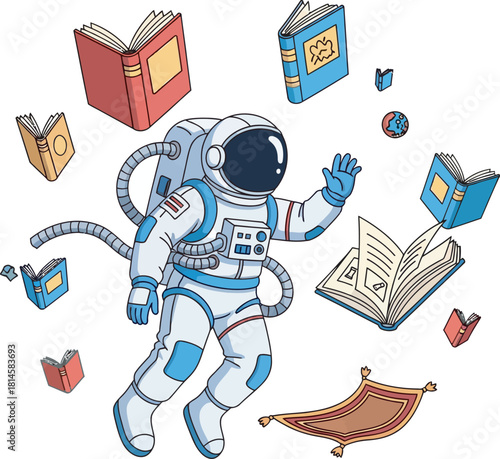 A cartoon astronaut in a spacesuit waves while floating in zero gravity surrounded by books and a magic carpet.