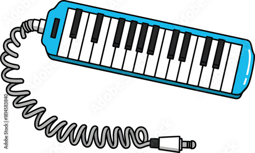 Blue melodica vector illustration, musical instrument with black and white keys, coiled hose, isolated on white background for education