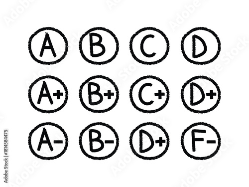Hand drawn letter grades in circles on white