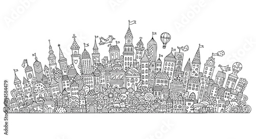 Detailed Hand-Drawn Whimsical Cityscape Illustration.