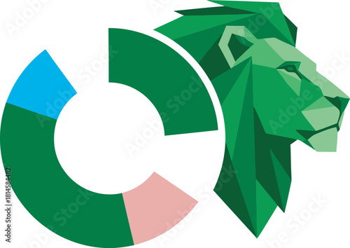 A modern graphic logo featuring a geometric green lion head combined with a segmented circular chart.