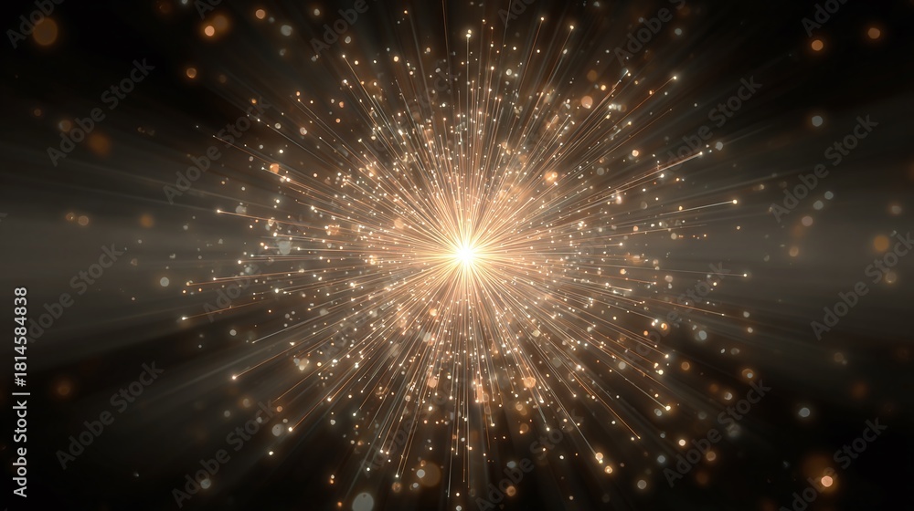 Naklejka premium Golden light streaks radiate from a central point, creating a dazzling and energetic display. The light streaks are accented by numerous sparkling dots, adding depth.