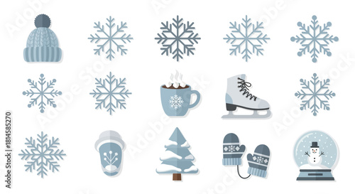A set of blue winter holiday icons featuring a snowflake, snowman, mittens, and a snow-covered tree. Vector illustration of seasonal symbols