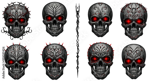 Collection of Ornate Skulls with Red Eyes, Tattoo, and Pixel Art Details