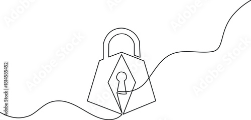 Continuous one-line art drawing of a geometric padlock with a complex keyhole. Minimalist black vector graphic element for security and data privacy.
