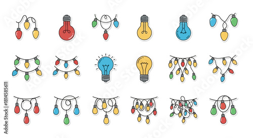 Colorful Festive Christmas Lights and Bulbs Icon Set Holiday Decorations and Festive Illumination