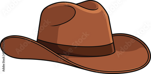 Brown cowboy hat vector illustration, wild west headwear with wide brim and band, isolated on white background