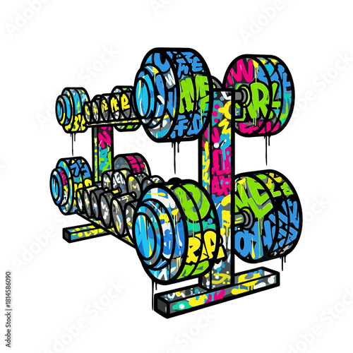 Vibrant Vector Gym Equipment, Dumbbells and Barbells with Graffiti Art on Transparent Background