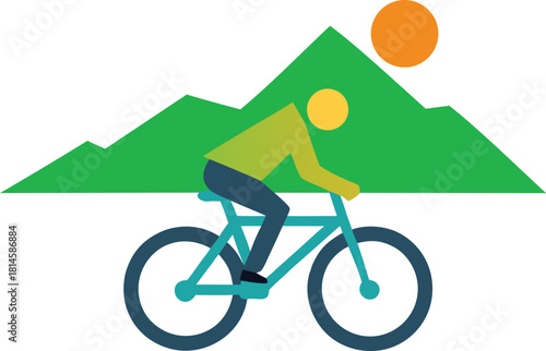 Mountain biker riding on trail with mountain and sun in background