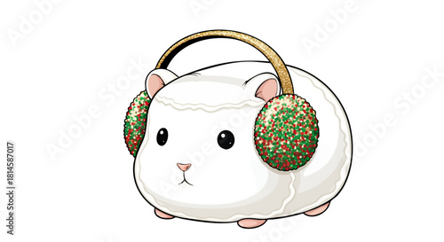 A fluffy white guinea pig wearing festive earmuffs, looking directly at the viewer.