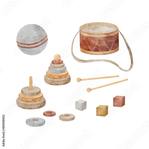 Vintage toys, drum, pyramid, cubes, ball. Watercolor illustration in retro children's style, isolated from background. Hand-drawn for greeting cards invitations nursery decor, baby birthdays christmas