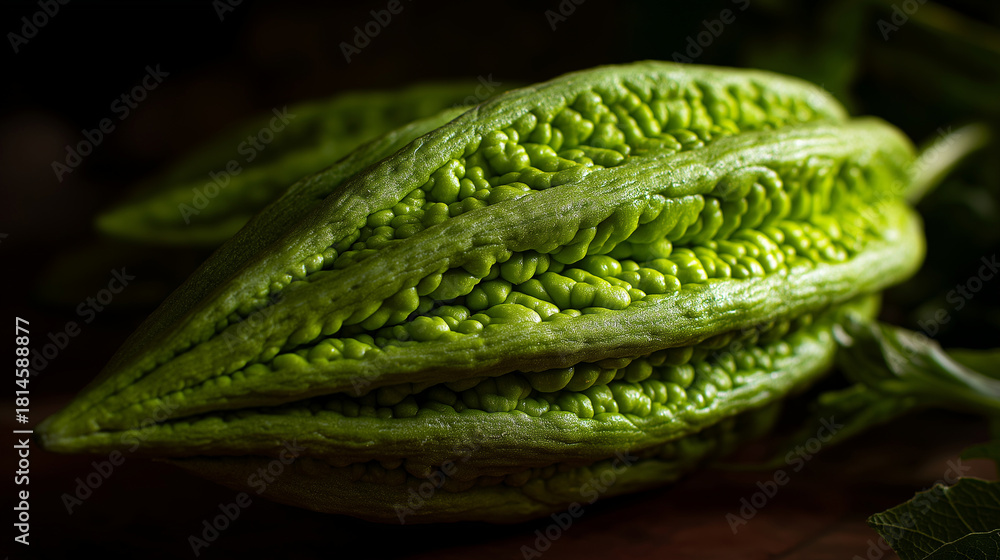 Fototapeta premium fresh green bitter gourd with textured ridges, dramatic natural lighting, crisp surface details,