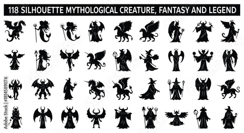 Mythological creatures and fantasy legends silhouettes set, including dragons, demons, witches, mermaids, angels, and unicorns, collection of vector icons on white background