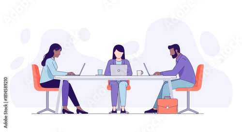 Three professionals working together on laptops in a modern office setting with a focus on collaboration and teamwork