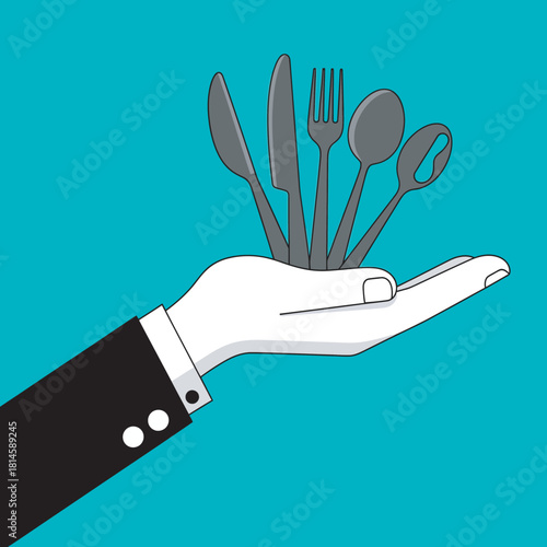 Stylized illustration of a waiter's gloved hand holding a set of silverware against a turquoise background.