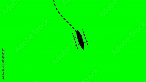 fishing boat with dotted path downward animation on green background. 4k video dashed line path route animation