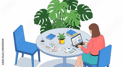 Woman working on laptop at a round table with plants and office supplies