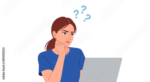 Confused woman thinking while using a laptop with question marks above her head