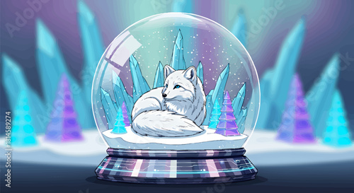 A white arctic fox curled up inside a snow globe, surrounded by ice crystals and a colorful aurora borealis background.