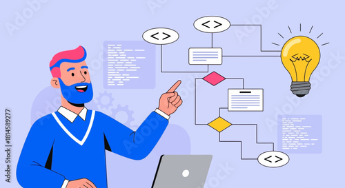 Illustration of a man with a beard and pink hair pointing at a flowchart with coding symbols and a lightbulb above his head