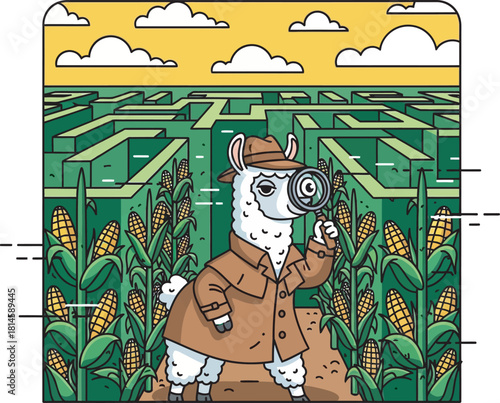 A cartoon llama detective wearing a trench coat and hat investigates a large corn maze with a magnifying glass.
