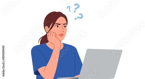 Woman thinking while using a laptop, questioning with thought bubbles, illustration of a person pondering