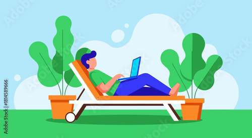 Person relaxing on a lounge chair with a laptop, surrounded by potted plants and trees in a serene outdoor setting
