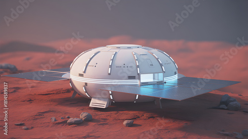 Futuristic pod on the surface of Mars with solar panel wings.