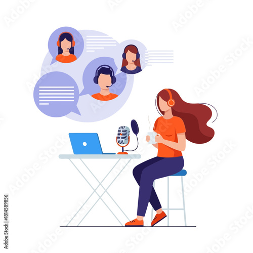 Young woman with headphones sitting at a desk with a laptop and microphone, participating in a video conference with three other people