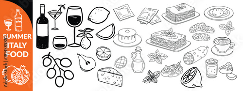 Summer Italy food print, hand drawn travel Mediterranean icon set Italian vintage vacation emblem. Traditional cuisine elements, Amalfi lemon silhouette wine glass bottle. Italy summer coastal  set 