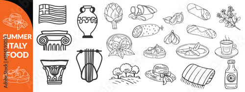 Summer Italy food print, hand drawn travel Mediterranean icon set Italian vintage vacation emblem. Traditional cuisine elements, Amalfi lemon silhouette wine glass bottle. Italy summer coastal  set 