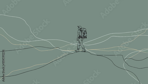 A lone hiker with backpack is walking along a mountain ridge, minimalist line art on a muted background