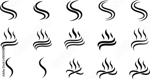 Set of Fifteen Steam or Smoke Vector Icons Collection Representing Hot Drinks and Aroma