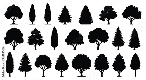 Tree silhouettes vector set, including different types of conifer and deciduous trees, collection of black forest and park icons isolated on white background
