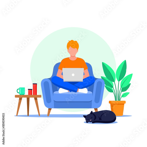 Man in orange shirt sitting on blue couch with laptop, black cat sleeping on floor, and green plant nearby